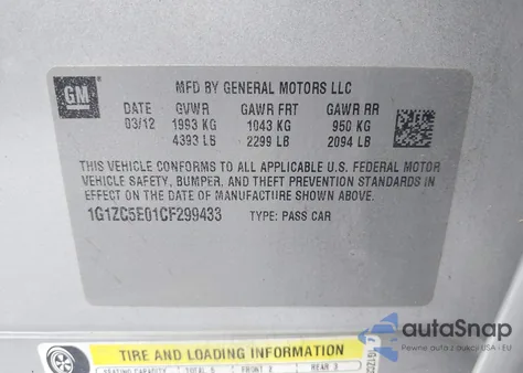 2012 Chevrolet Malibu 1Lt z USA, uszkodzony, nr VIN 1G1ZC5E01CF299433